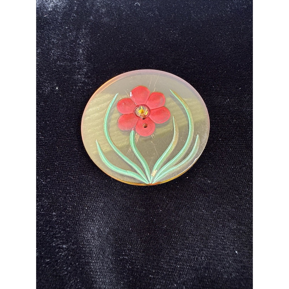 Large Vintage 2" Round Celluloid Button With Red Flower & Stems RARE FIND